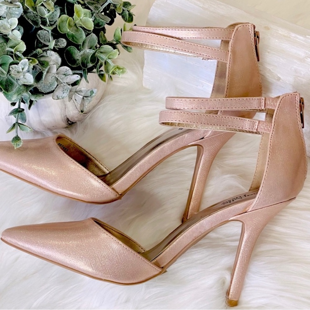 Charlotte Russe MIXI 65 RHRG Heels Rose Gold Ankle Strap zip up back size 9